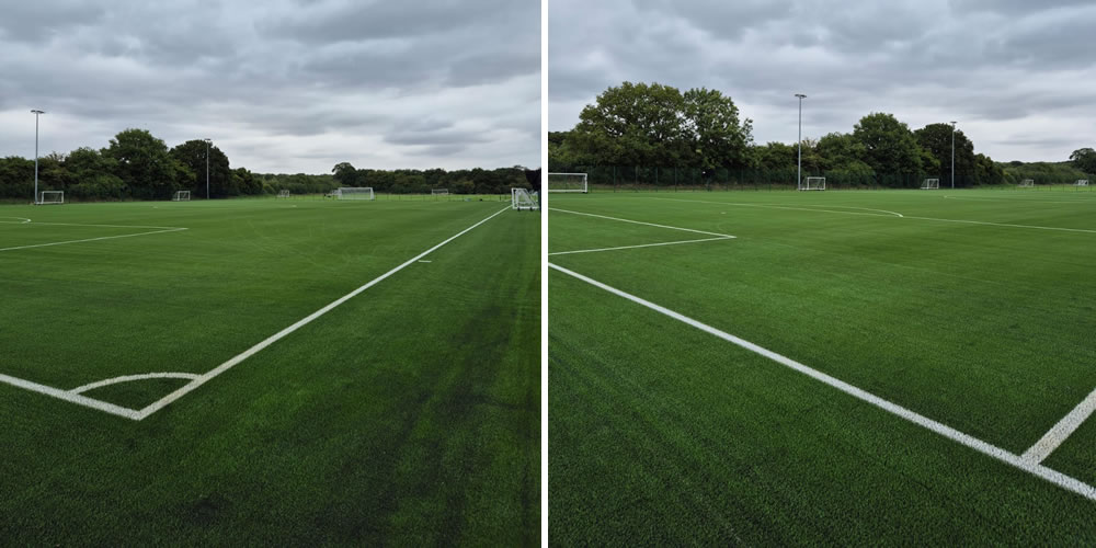 Full-size artificial grass pitch resurface at Stevenage FC in England, tested to FIFA Quality Pro standards - pitch contractor - PST Sport. 